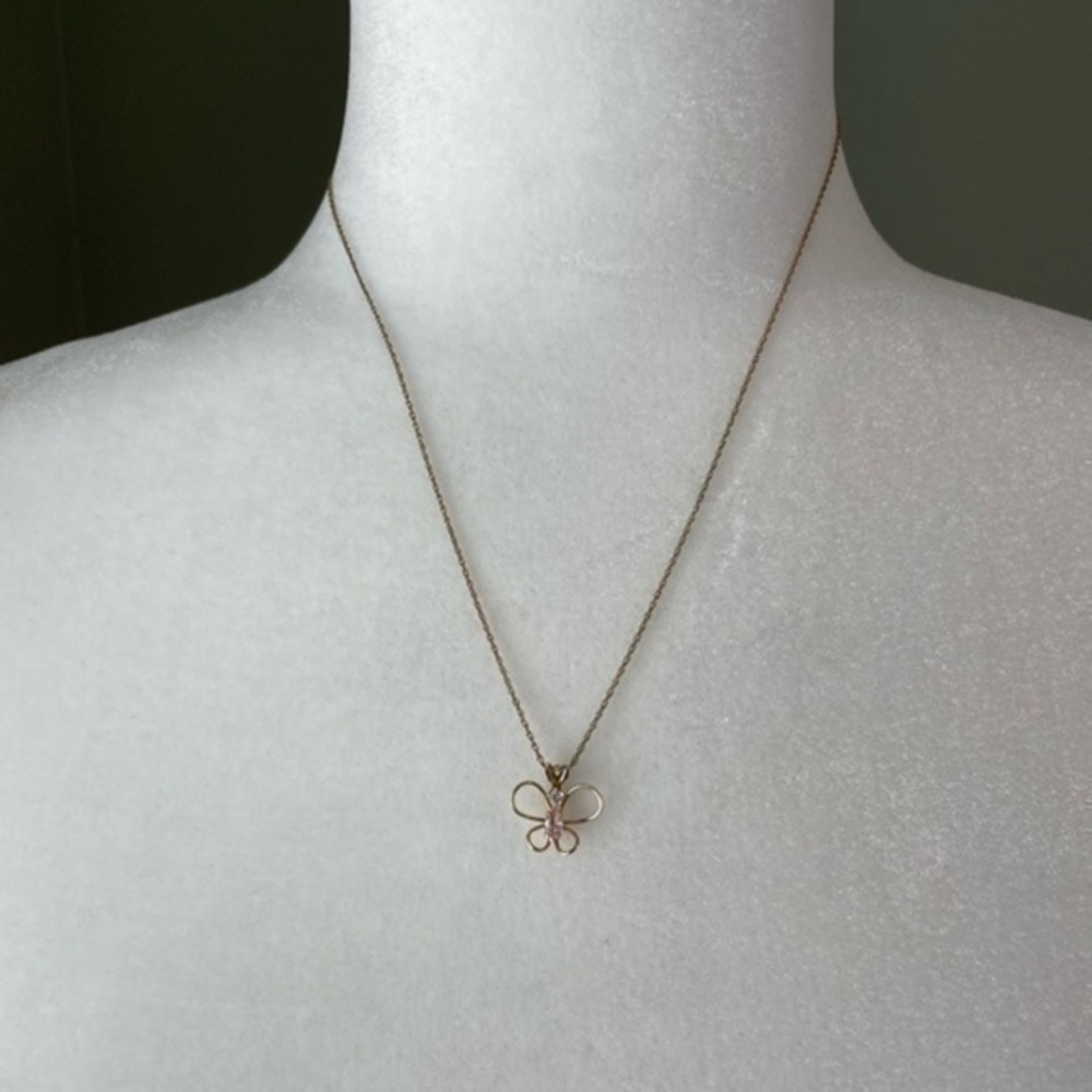 14K Yellow Gold Filled Butterfly Necklace W/ Pink Stone & Cubic Zirconia